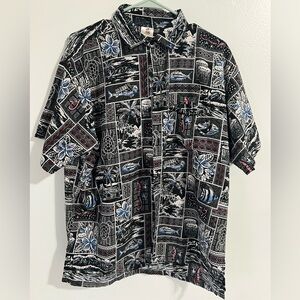 Rima Hawaiian Men’s Shirt L Black White Tropical Print Short Sleeve Button Up